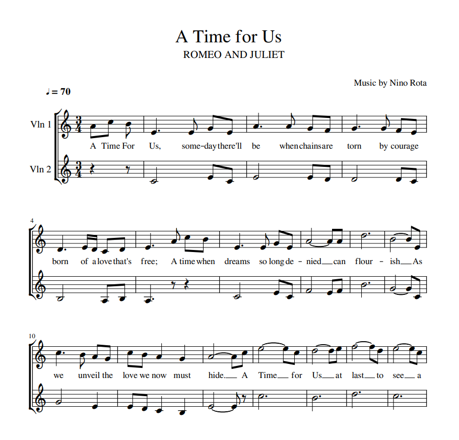 Andy Williams - A Time for Us sheet music for 2 violin